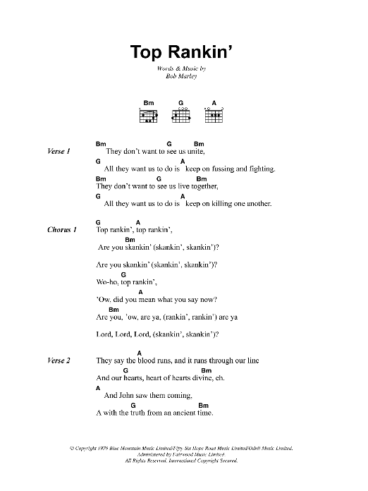 Download Bob Marley Top Rankin' Sheet Music and learn how to play Lyrics & Chords PDF digital score in minutes