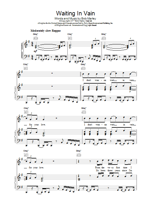 Download Bob Marley Waiting In Vain Sheet Music and learn how to play Piano, Vocal & Guitar (Right-Hand Melody) PDF digital score in minutes