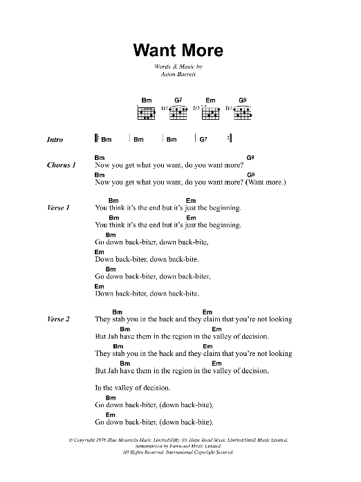 Download Bob Marley Want More Sheet Music and learn how to play Lyrics & Chords PDF digital score in minutes