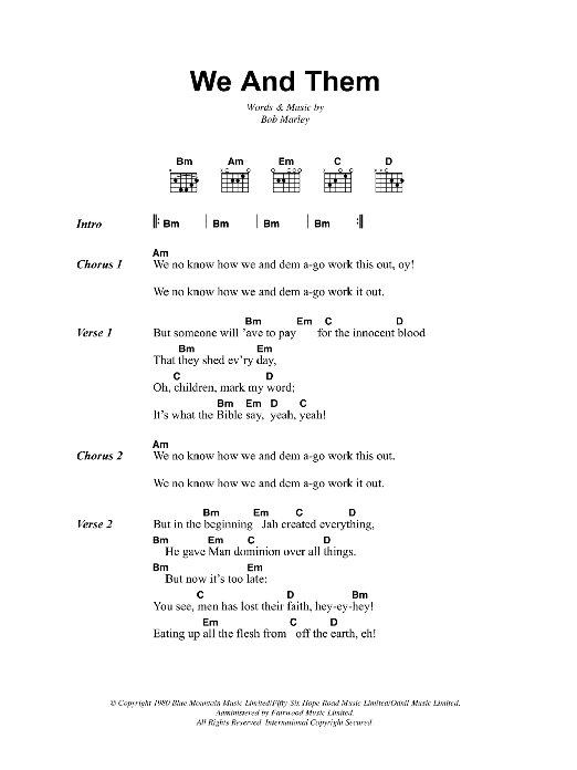 Download Bob Marley We And Them Sheet Music and learn how to play Lyrics & Chords PDF digital score in minutes