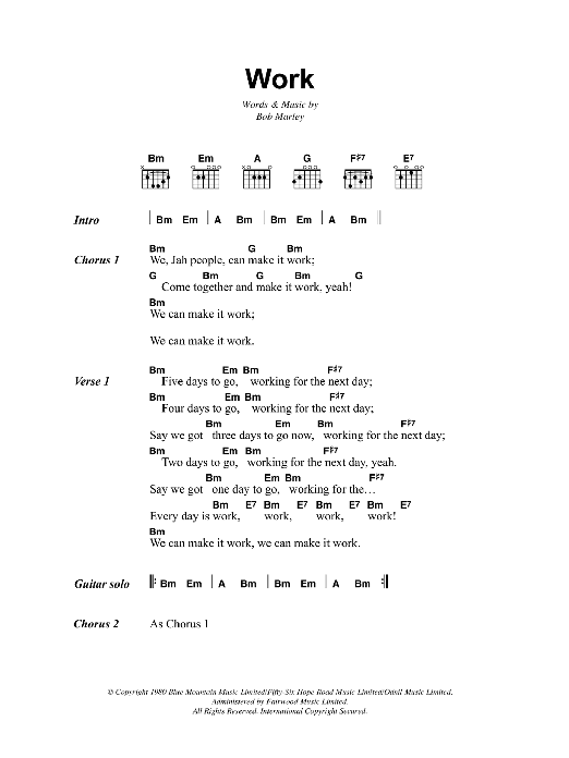 Download Bob Marley Work Sheet Music and learn how to play Lyrics & Chords PDF digital score in minutes