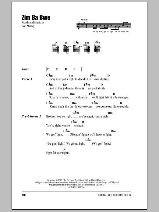 Download Bob Marley Zim Ba Bwe Sheet Music and learn how to play Lyrics & Chords PDF digital score in minutes