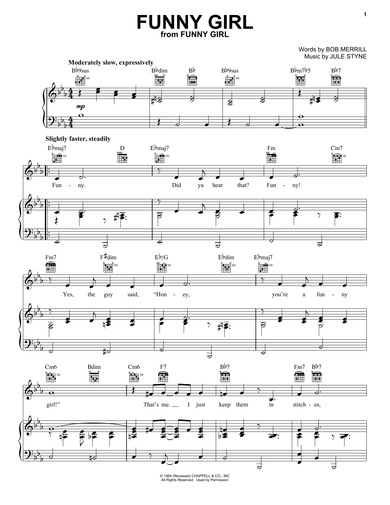 Download Bob Merrill & Jule Styne Funny Girl Sheet Music and learn how to play Piano, Vocal & Guitar Chords (Right-Hand Melody) PDF digital score in minutes