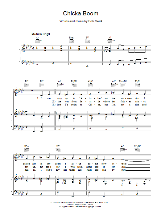 Download Bob Merrill Chicka Boom Sheet Music and learn how to play Piano, Vocal & Guitar (Right-Hand Melody) PDF digital score in minutes