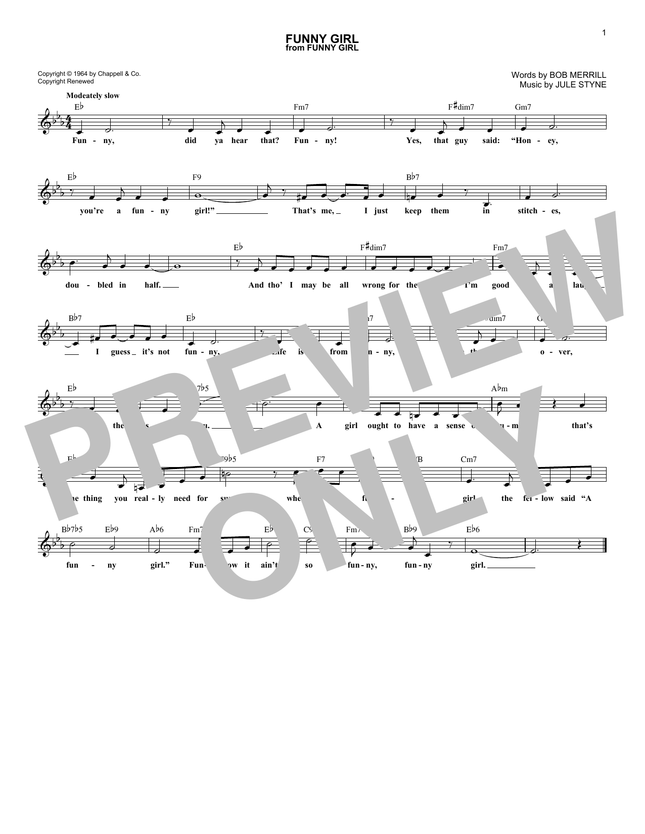 Download Bob Merrill Funny Girl Sheet Music and learn how to play Melody Line, Lyrics & Chords PDF digital score in minutes