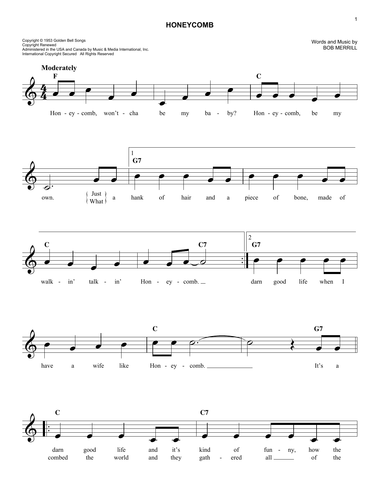 Download Bob Merrill Honeycomb Sheet Music and learn how to play Melody Line, Lyrics & Chords PDF digital score in minutes