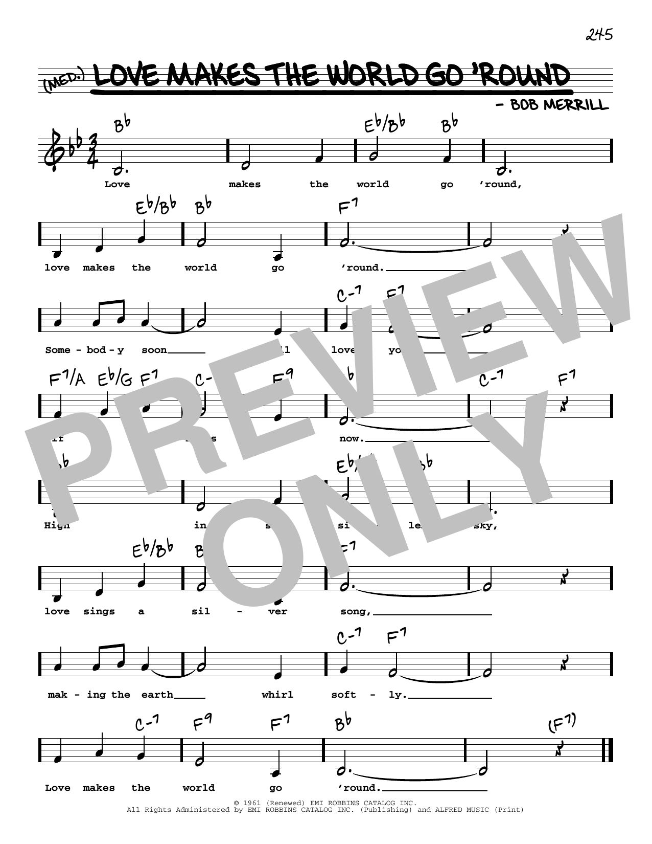 Download Bob Merrill Love Makes The World Go 'round (Low Voice) Sheet Music and learn how to play Real Book – Melody, Lyrics & Chords PDF digital score in minutes