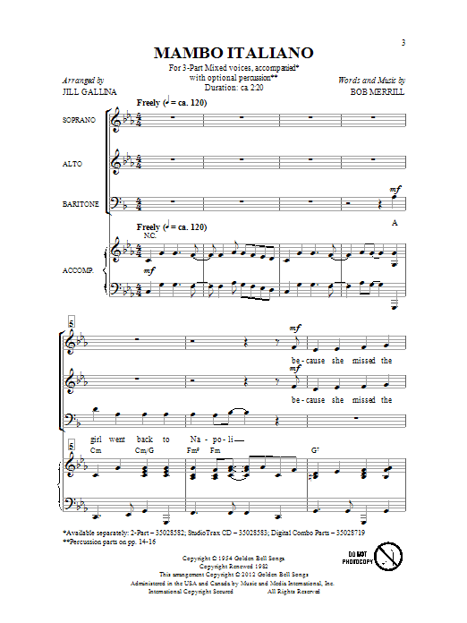 Download Jill Gallina Mambo Italiano Sheet Music and learn how to play 3-Part Mixed PDF digital score in minutes