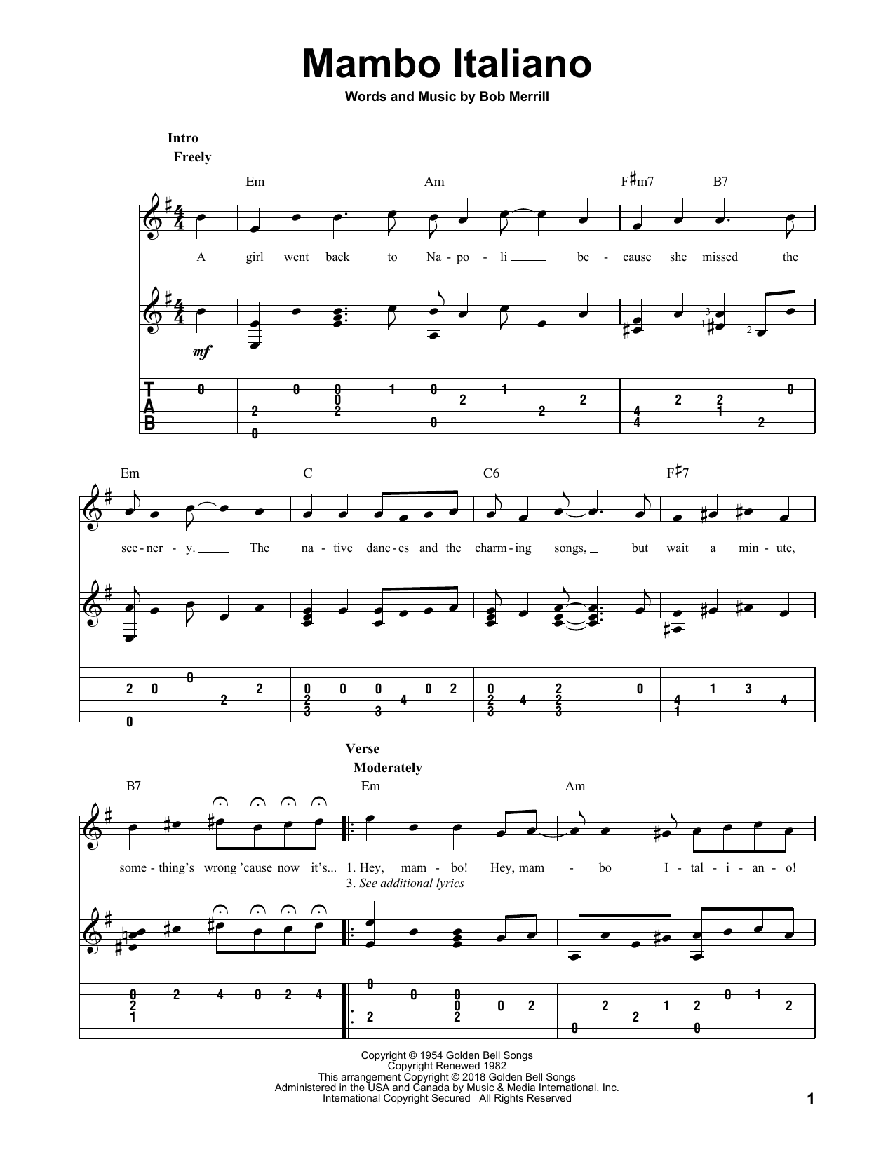 Download Bob Merrill Mambo Italiano Sheet Music and learn how to play Solo Guitar PDF digital score in minutes