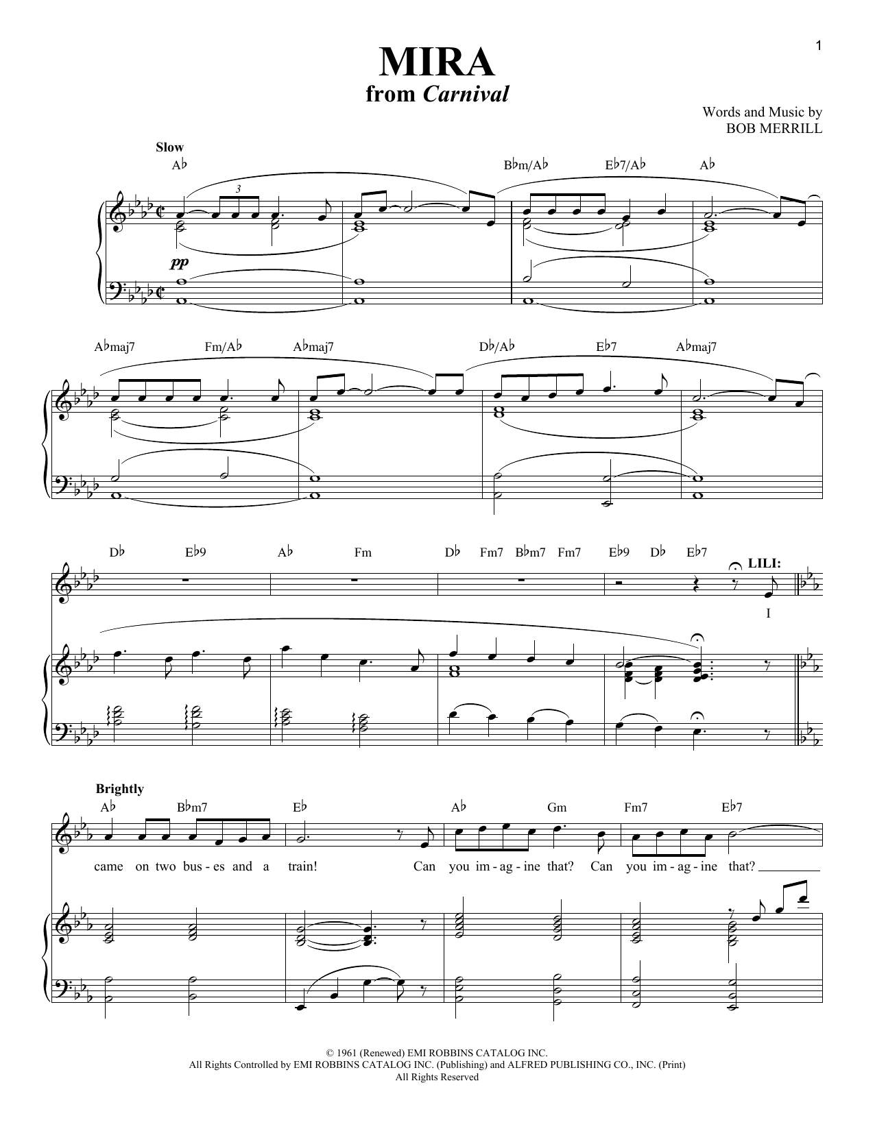 Download Bob Merrill Mira (from Carnival) Sheet Music and learn how to play Piano & Vocal PDF digital score in minutes