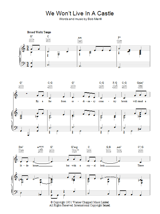 Download Bob Merrill We Won't Live In A Castle Sheet Music and learn how to play Piano, Vocal & Guitar (Right-Hand Melody) PDF digital score in minutes