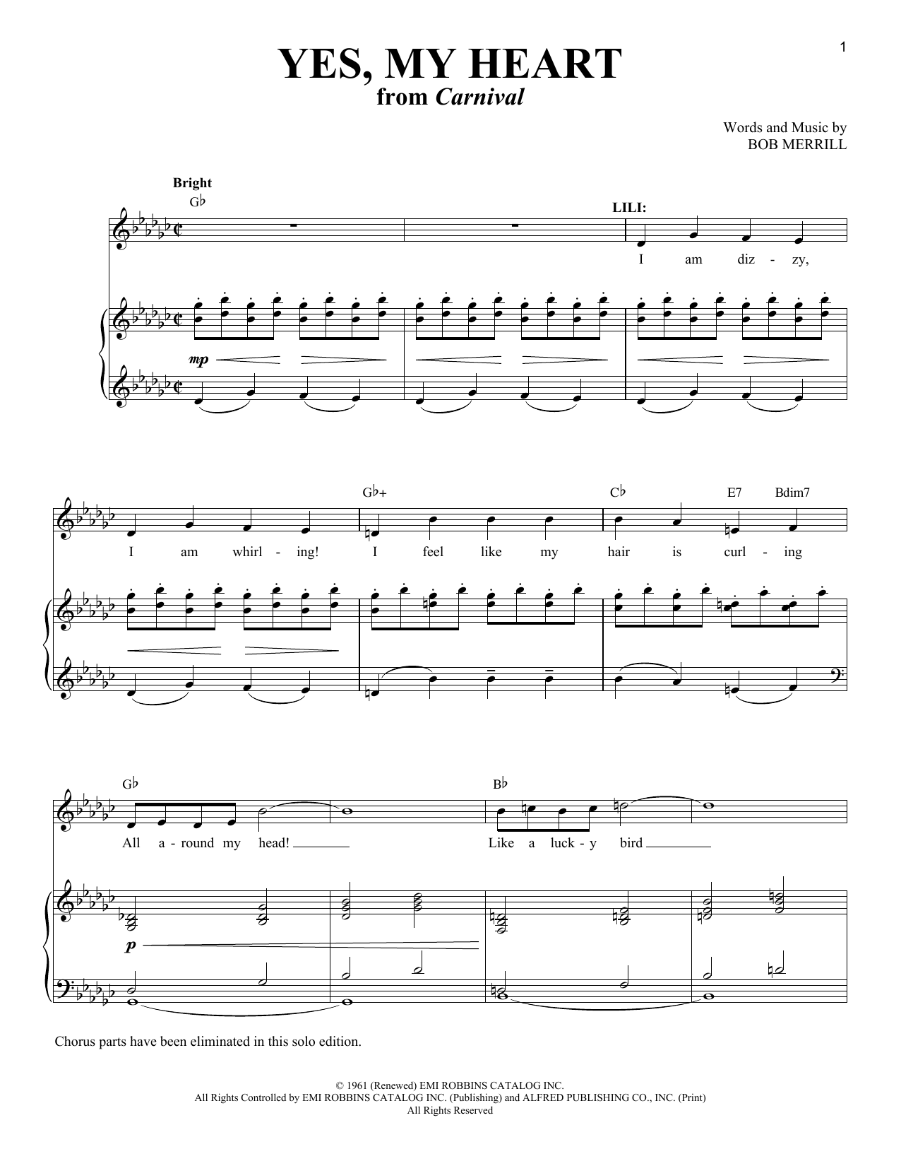 Download Bob Merrill Yes, My Heart (from Carnival) Sheet Music and learn how to play Piano & Vocal PDF digital score in minutes
