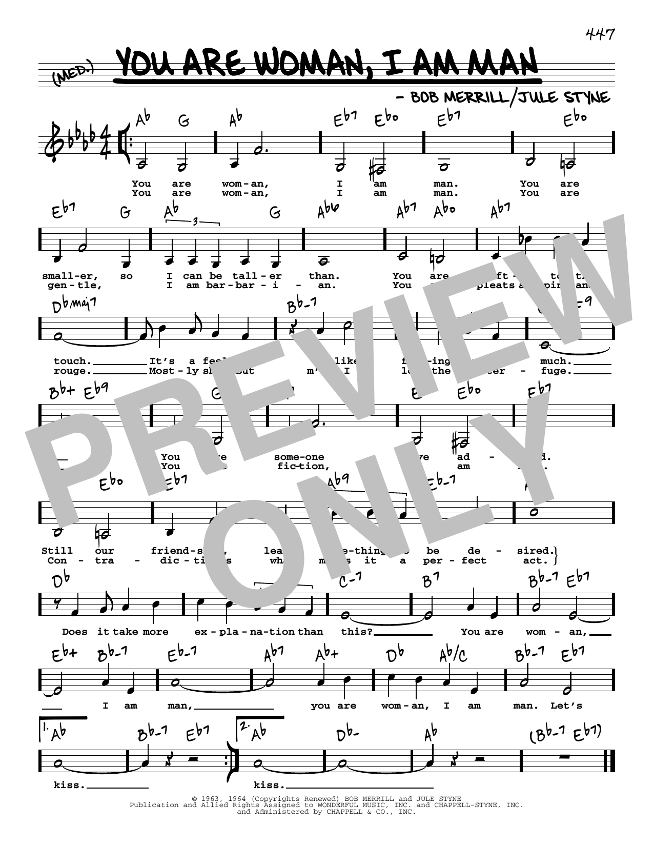 Download Bob Merrill You Are Woman, I Am Man (Low Voice) Sheet Music and learn how to play Real Book – Melody, Lyrics & Chords PDF digital score in minutes