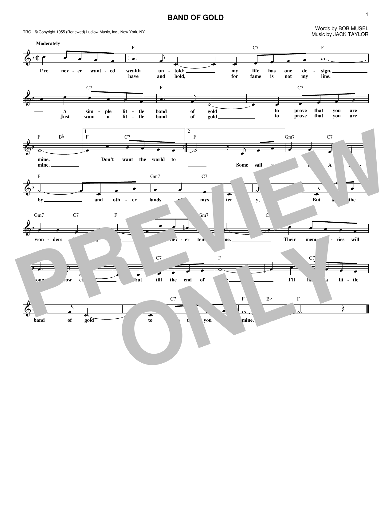 Download Jack Taylor Band Of Gold Sheet Music and learn how to play Melody Line, Lyrics & Chords PDF digital score in minutes