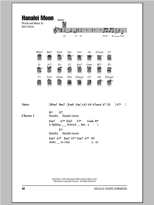 Download Bob Nelson Hanalei Moon Sheet Music and learn how to play Ukulele with strumming patterns PDF digital score in minutes