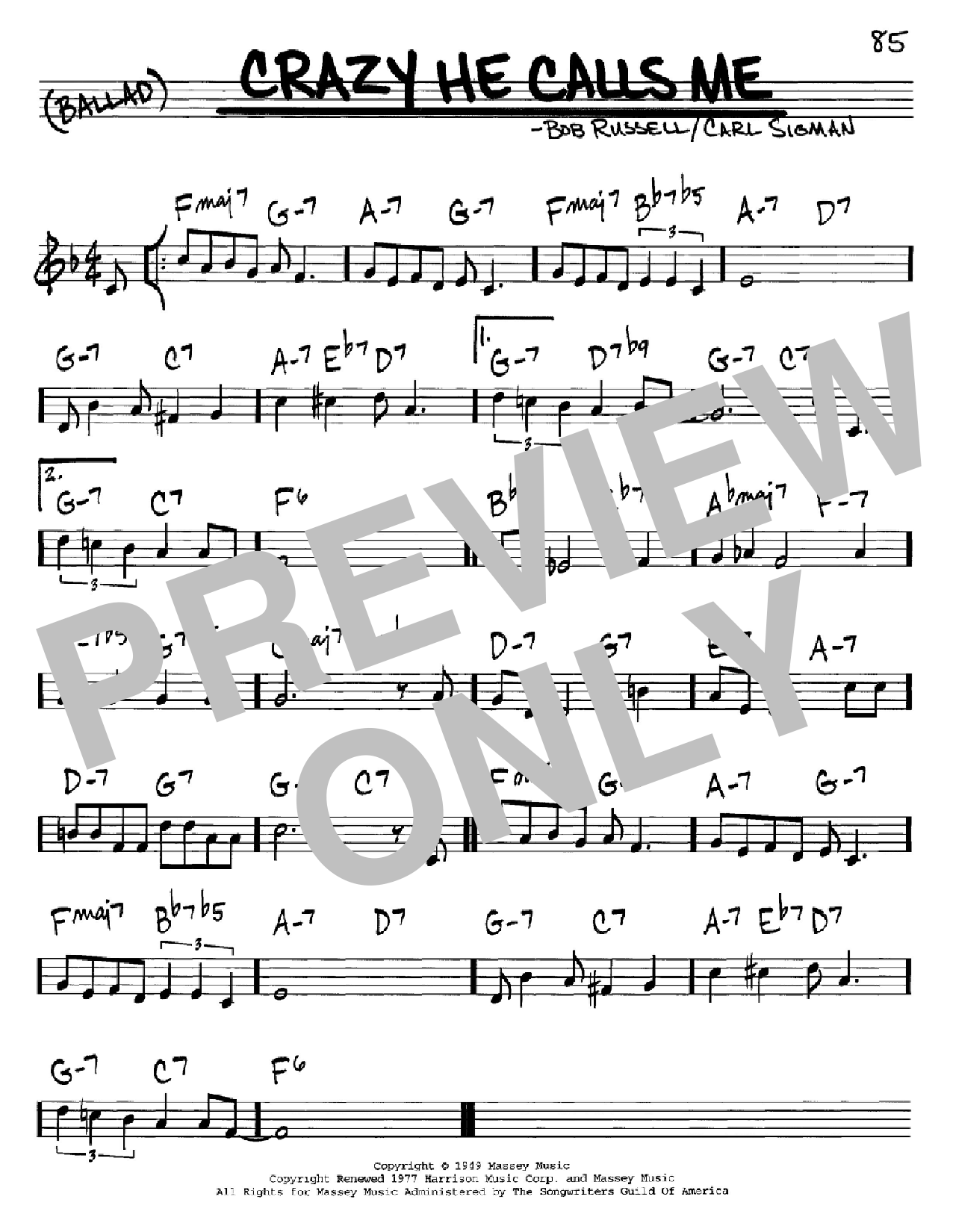 Download Carl Sigman Crazy She Calls Me Sheet Music and learn how to play Real Book - Melody & Chords - C Instruments PDF digital score in minutes