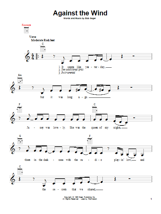 Download Bob Seger & The Silver Bullet Band Against The Wind Sheet Music and learn how to play Ukulele PDF digital score in minutes