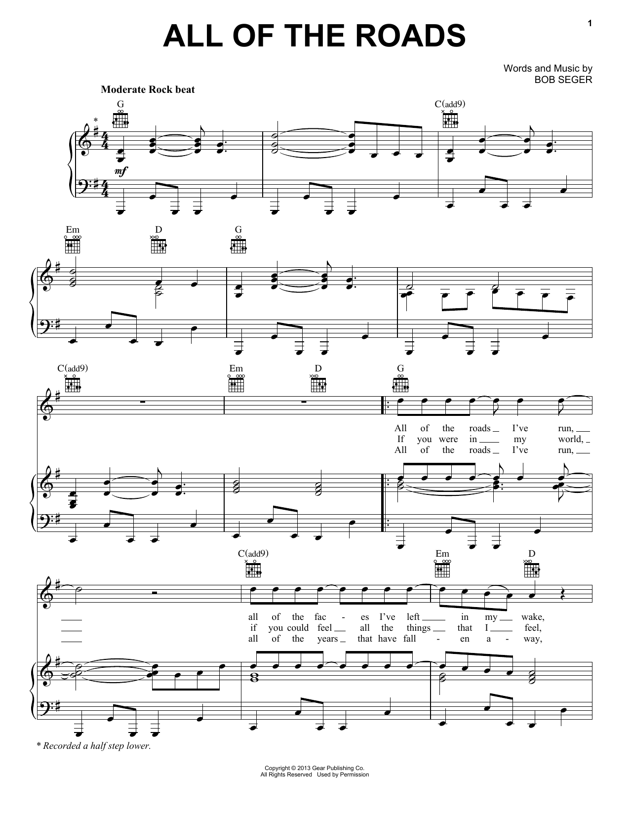 Download Bob Seger All Of The Roads Sheet Music and learn how to play Piano, Vocal & Guitar (Right-Hand Melody) PDF digital score in minutes