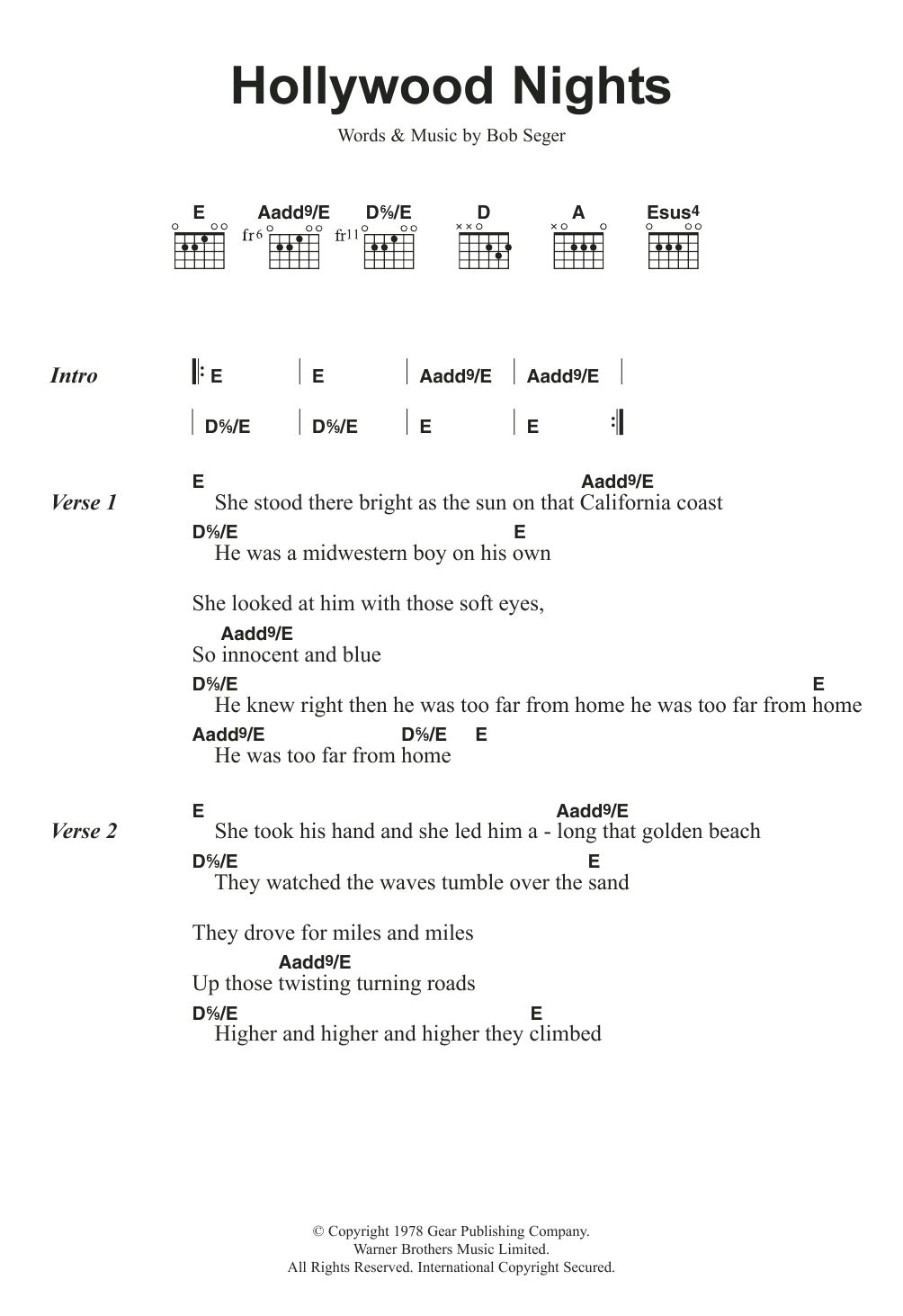 Download Bob Seger And The Silver Bullet Band Hollywood Nights Sheet Music and learn how to play Lyrics & Chords PDF digital score in minutes