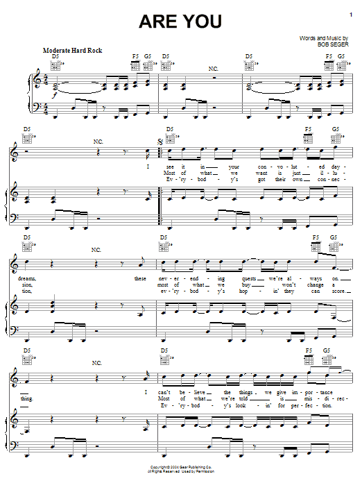 Download Bob Seger Are You Sheet Music and learn how to play Piano, Vocal & Guitar (Right-Hand Melody) PDF digital score in minutes