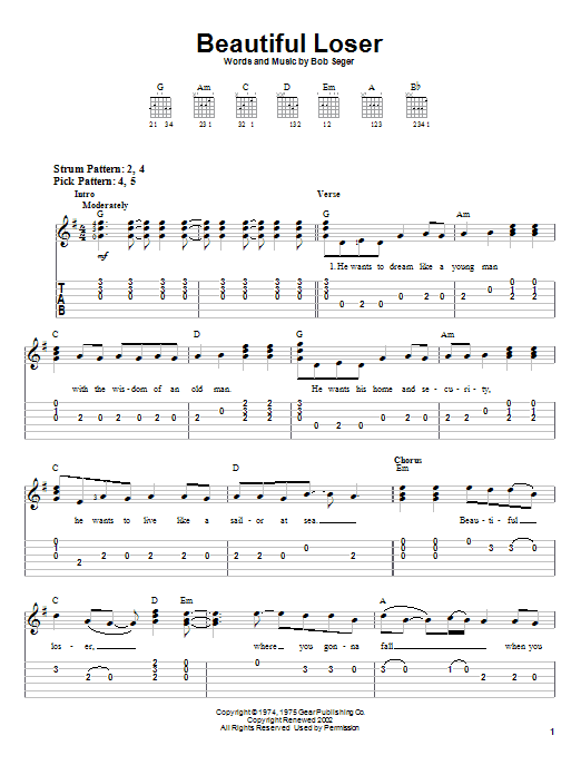 Download Bob Seger Beautiful Loser Sheet Music and learn how to play Piano, Vocal & Guitar (Right-Hand Melody) PDF digital score in minutes