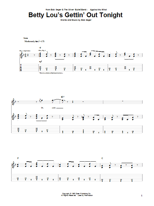 Download Bob Seger Betty Lou's Gettin' Out Tonight Sheet Music and learn how to play Guitar Tab Play-Along PDF digital score in minutes
