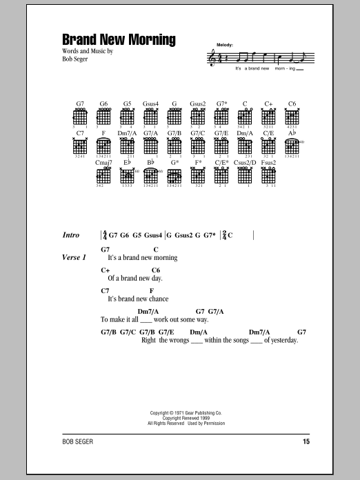 Download Bob Seger Brand New Morning Sheet Music and learn how to play Lyrics & Chords PDF digital score in minutes