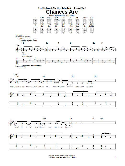 Download Bob Seger Chances Are Sheet Music and learn how to play Piano, Vocal & Guitar (Right-Hand Melody) PDF digital score in minutes