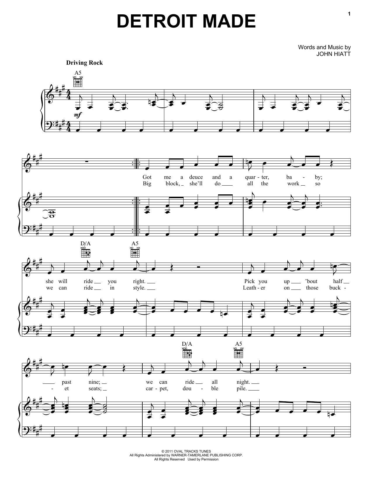 Download Bob Seger Detroit Made Sheet Music and learn how to play Piano, Vocal & Guitar (Right-Hand Melody) PDF digital score in minutes