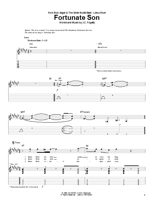 Download Bob Seger Fortunate Son Sheet Music and learn how to play Guitar Tab PDF digital score in minutes