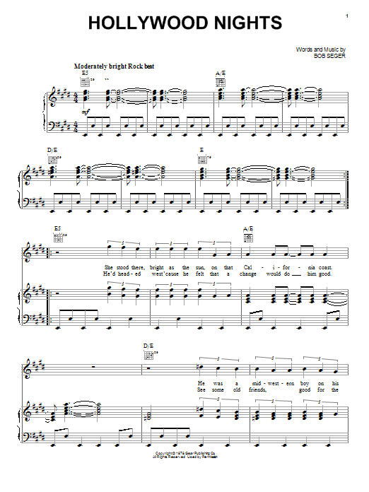 Download Bob Seger Hollywood Nights Sheet Music and learn how to play Easy Guitar Tab PDF digital score in minutes