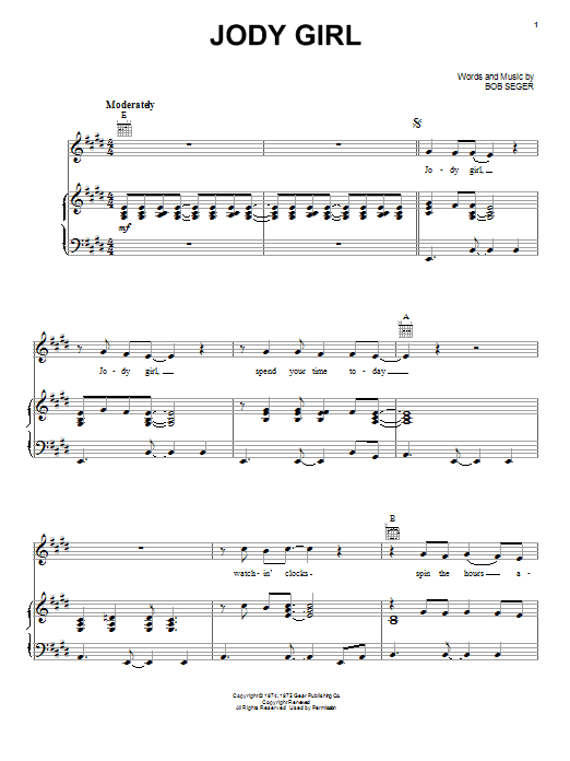 Download Bob Seger Jody Girl Sheet Music and learn how to play Piano, Vocal & Guitar (Right-Hand Melody) PDF digital score in minutes