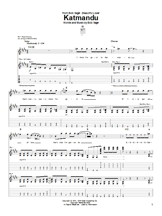 Download Bob Seger Katmandu Sheet Music and learn how to play Easy Guitar Tab PDF digital score in minutes