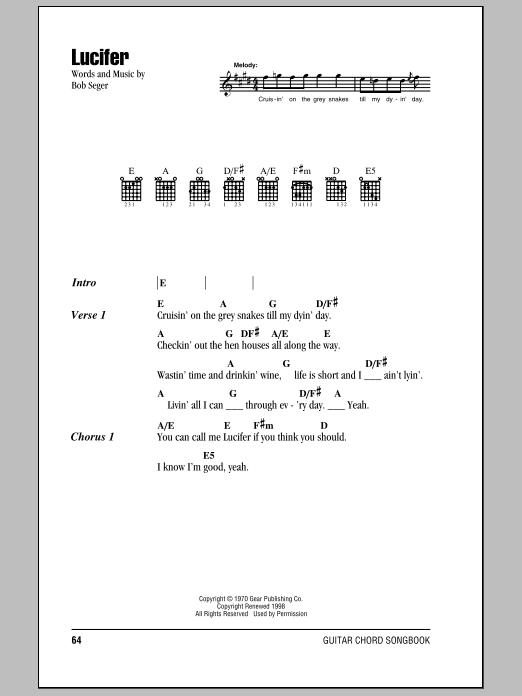 Download Bob Seger Lucifer Sheet Music and learn how to play Lyrics & Chords PDF digital score in minutes