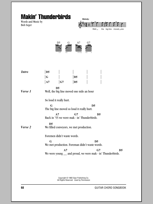 Download Bob Seger Makin' Thunderbirds Sheet Music and learn how to play Lyrics & Chords PDF digital score in minutes