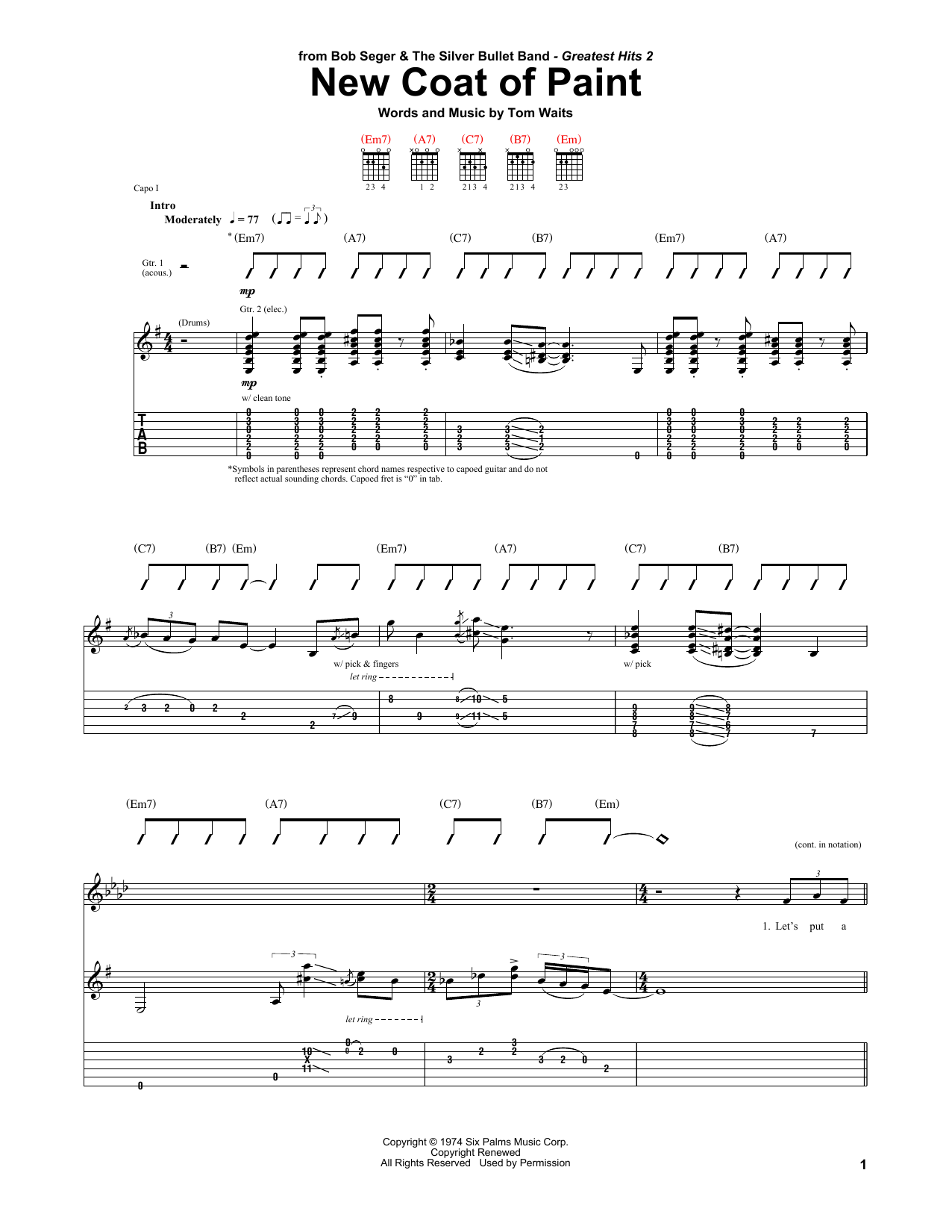 Download Bob Seger New Coat Of Paint Sheet Music and learn how to play Piano, Vocal & Guitar Chords (Right-Hand Melody) PDF digital score in minutes