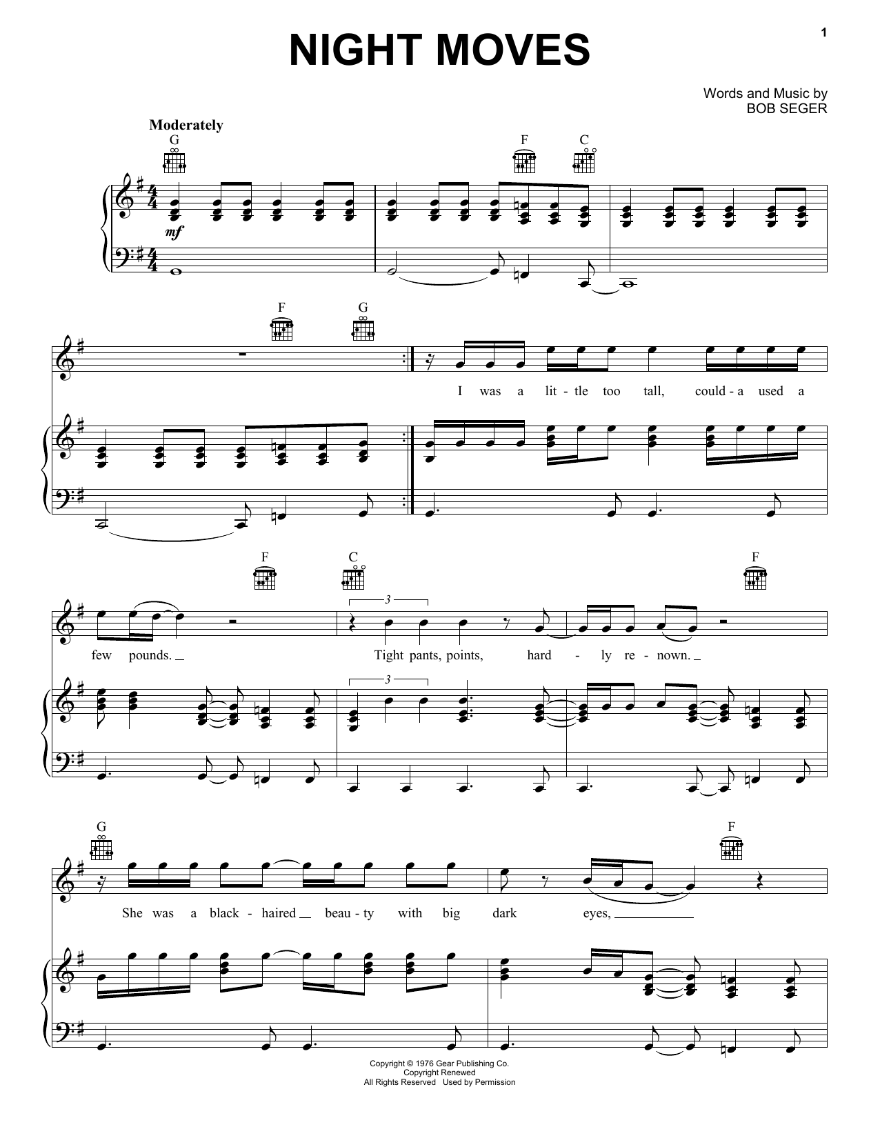 Download Bob Seger Night Moves Sheet Music and learn how to play Super Easy Piano PDF digital score in minutes