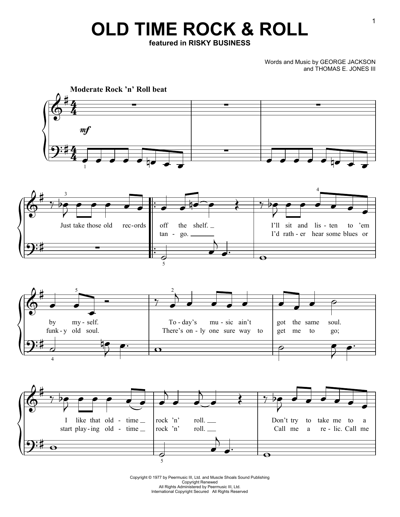 Download Bob Seger Old Time Rock & Roll (from Risky Business) Sheet Music and learn how to play Very Easy Piano PDF digital score in minutes