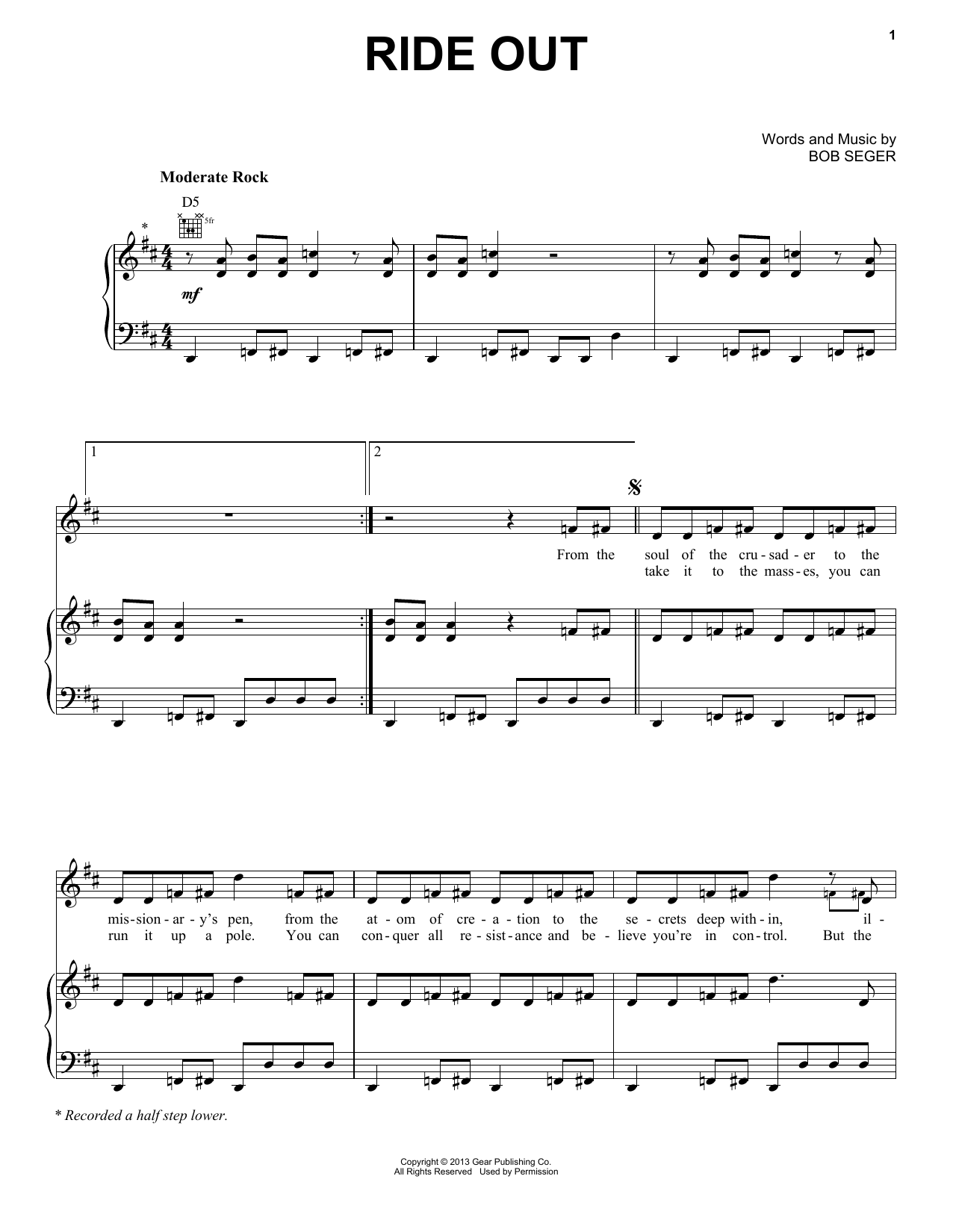 Download Bob Seger Ride Out Sheet Music and learn how to play Piano, Vocal & Guitar (Right-Hand Melody) PDF digital score in minutes