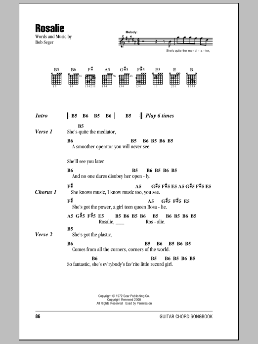 Download Bob Seger Rosalie Sheet Music and learn how to play Lyrics & Chords PDF digital score in minutes