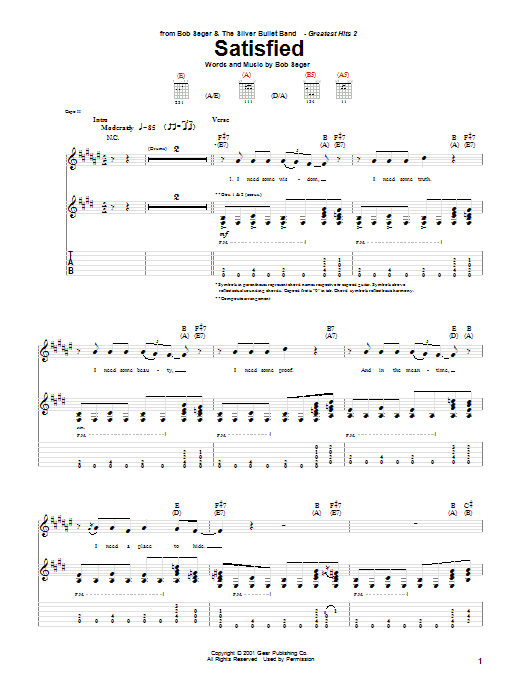 Download Bob Seger Satisfied Sheet Music and learn how to play Piano, Vocal & Guitar (Right-Hand Melody) PDF digital score in minutes