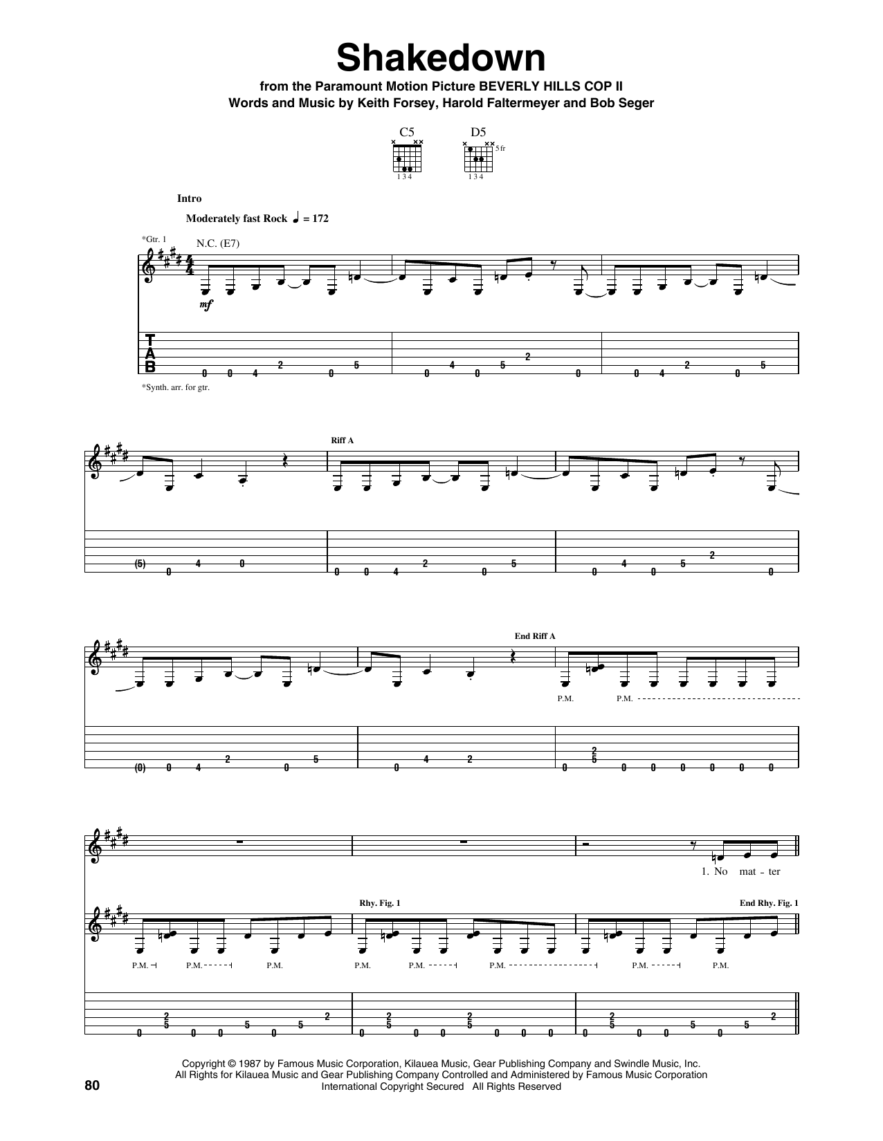 Download Bob Seger Shakedown (from Beverly Hills Cop II) Sheet Music and learn how to play Guitar Tab PDF digital score in minutes