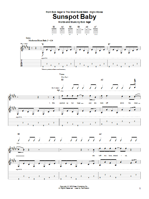 Download Bob Seger Sunspot Baby Sheet Music and learn how to play Guitar Tab (Single Guitar) PDF digital score in minutes