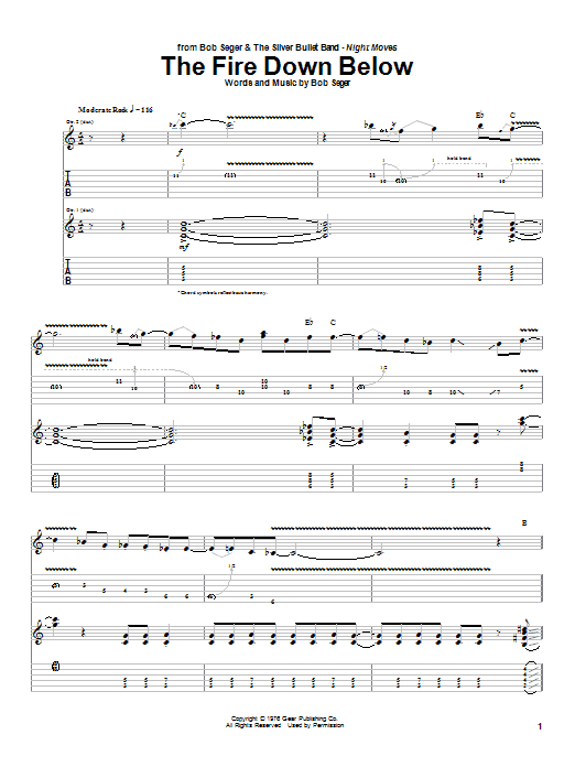 Download Bob Seger The Fire Down Below Sheet Music and learn how to play Guitar Tab PDF digital score in minutes