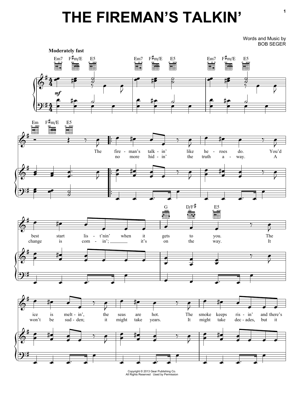 Download Bob Seger The Fireman's Talkin' Sheet Music and learn how to play Piano, Vocal & Guitar (Right-Hand Melody) PDF digital score in minutes