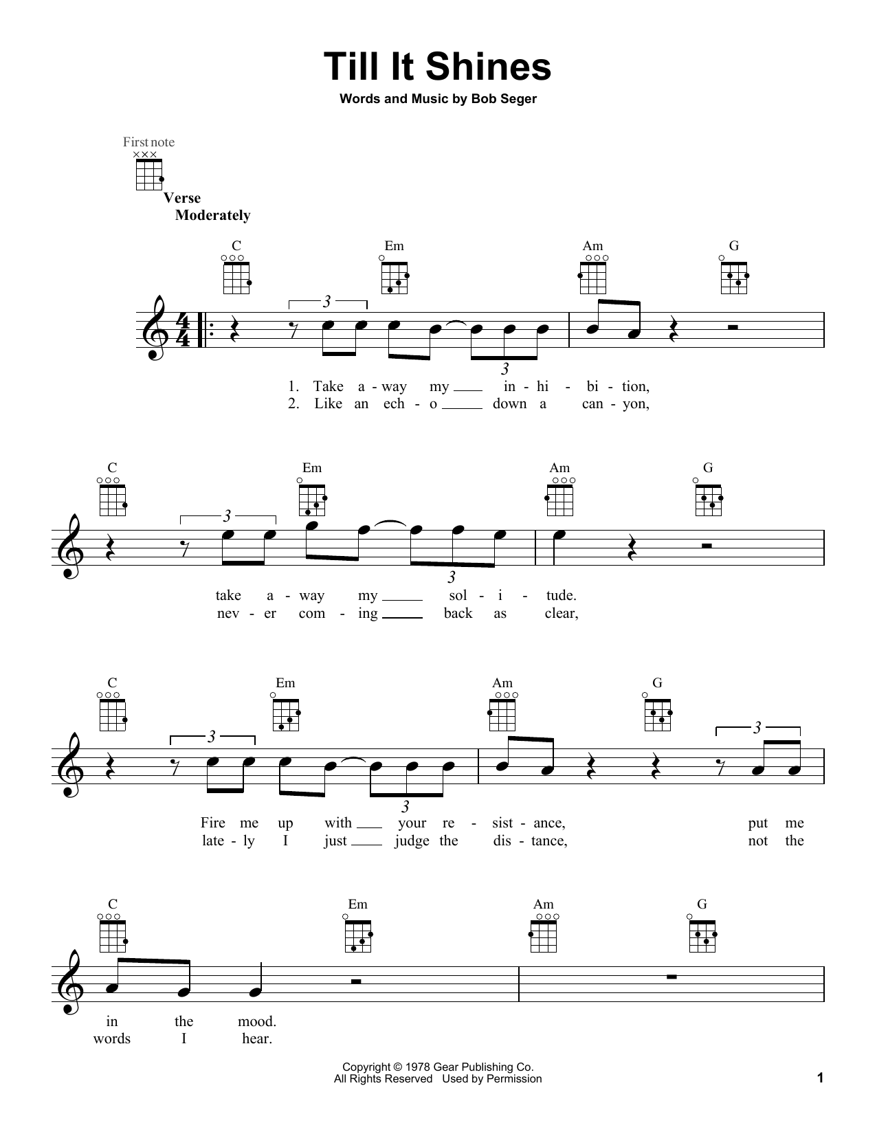 Download Bob Seger Till It Shines Sheet Music and learn how to play Ukulele PDF digital score in minutes