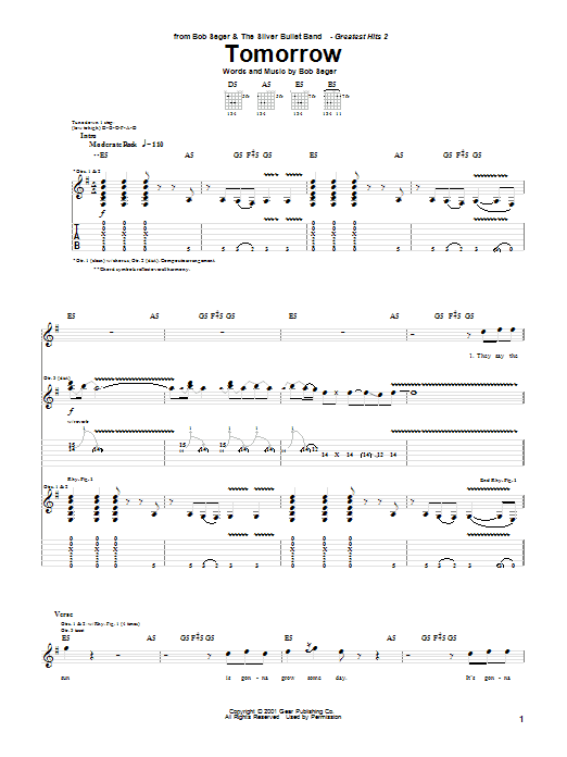 Download Bob Seger Tomorrow Sheet Music and learn how to play Piano, Vocal & Guitar (Right-Hand Melody) PDF digital score in minutes