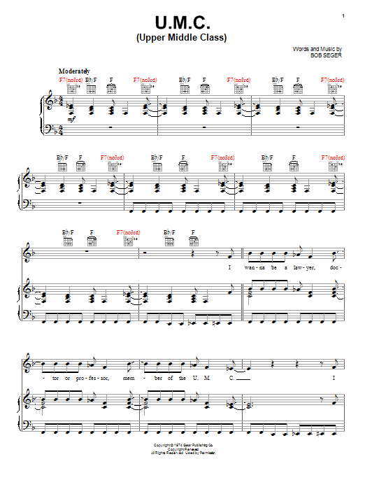 Download Bob Seger U.M.C. (Upper Middle Class) Sheet Music and learn how to play Piano, Vocal & Guitar (Right-Hand Melody) PDF digital score in minutes