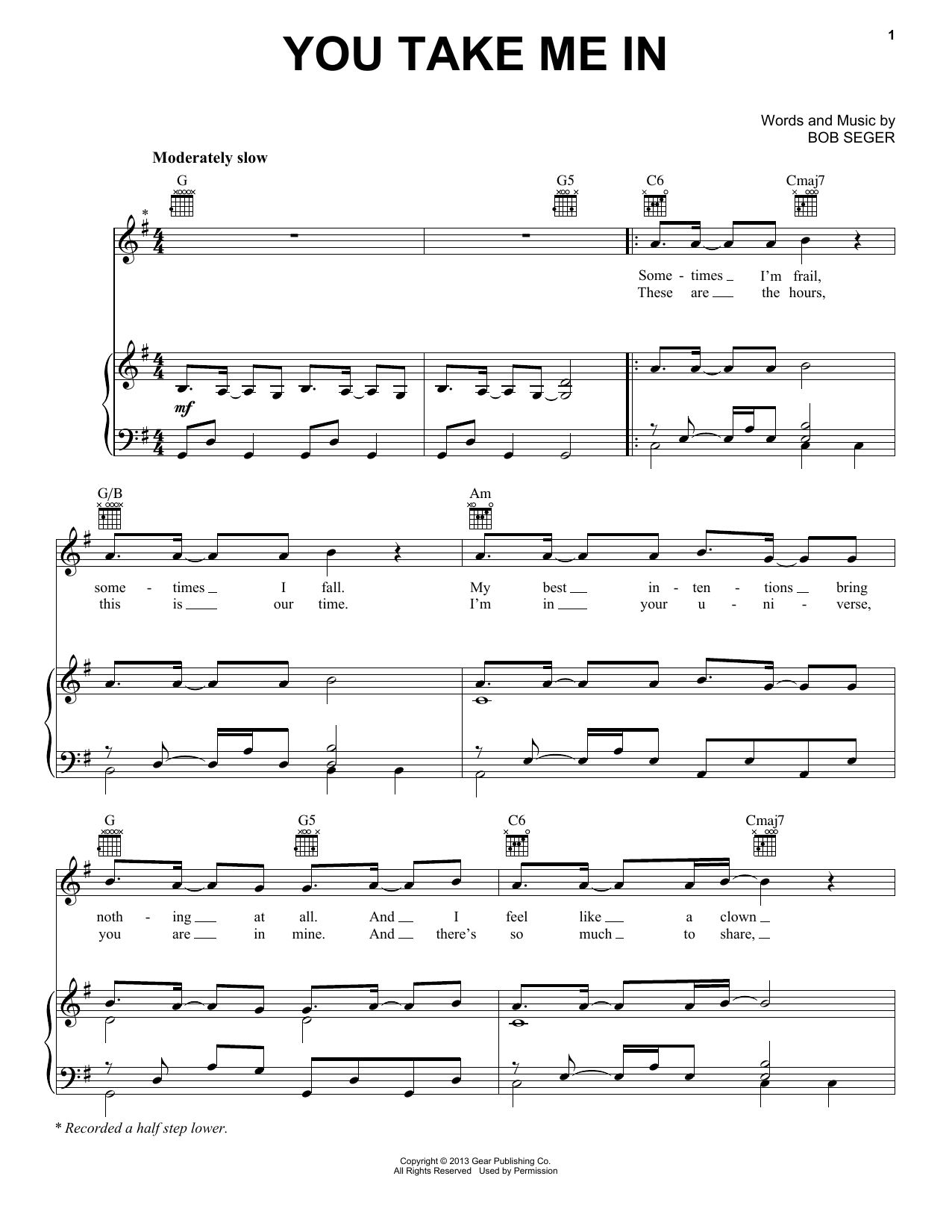 Download Bob Seger You Take Me In Sheet Music and learn how to play Piano, Vocal & Guitar (Right-Hand Melody) PDF digital score in minutes