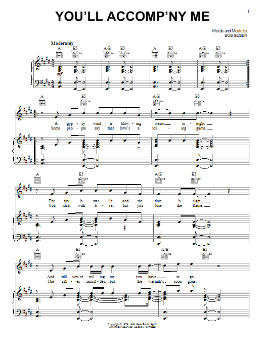 Download Bob Seger You'll Accomp'ny Me Sheet Music and learn how to play Easy Guitar Tab PDF digital score in minutes